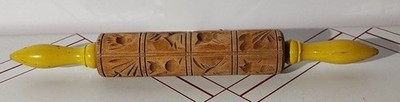 Vtg Carved Wooden Rolling Pin 16'' Yellow Handles Kitchen Gear Springerle Cookies