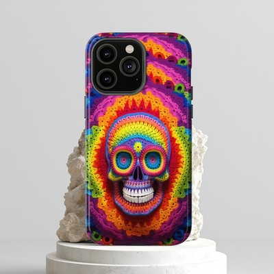 Tough Phone Case Skull Blossom Crochet 3D Design. iPhone, Samsung, Google Pixel