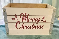 Aged WhiteWooden Crate Storage Box Hand Painted Merry Christmas Bin &Tin Corners
