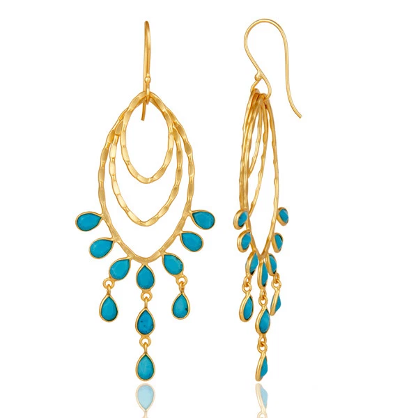 Pendientes araña de piedras preciosas turquesa hechos a mano enchapados en oro de plata de ley Foto 3 de 4