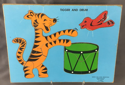 Vintage 1965 Walt Disney Productions Wooden 10 Piece Tigger and Drum Puzzle