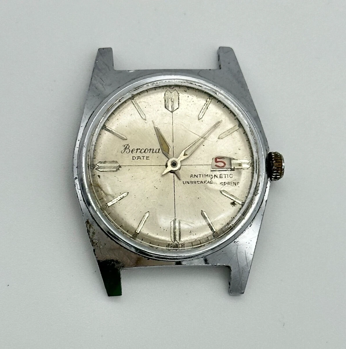 Vintage 1970s Men s BERCONA Silver Tone Swiss Mechanical Watch Date For Parts