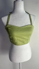 The Editors Markets Womens Linen Green Smocked Zip Halter Crop Top Sz 8