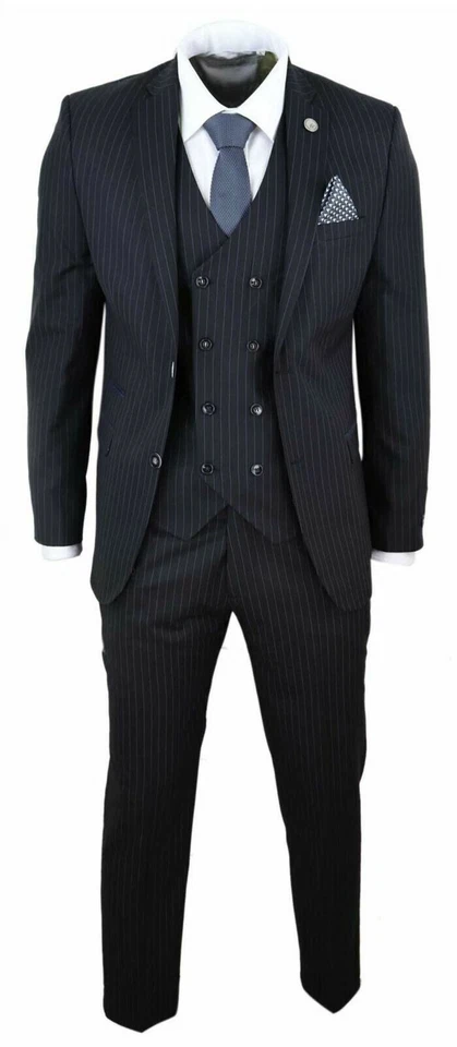 Mens 3 Piece Suits Gatsby 1920s Peaky Blinders Gangster Pinstripe Tailored Fit+ - Image 2 of 4