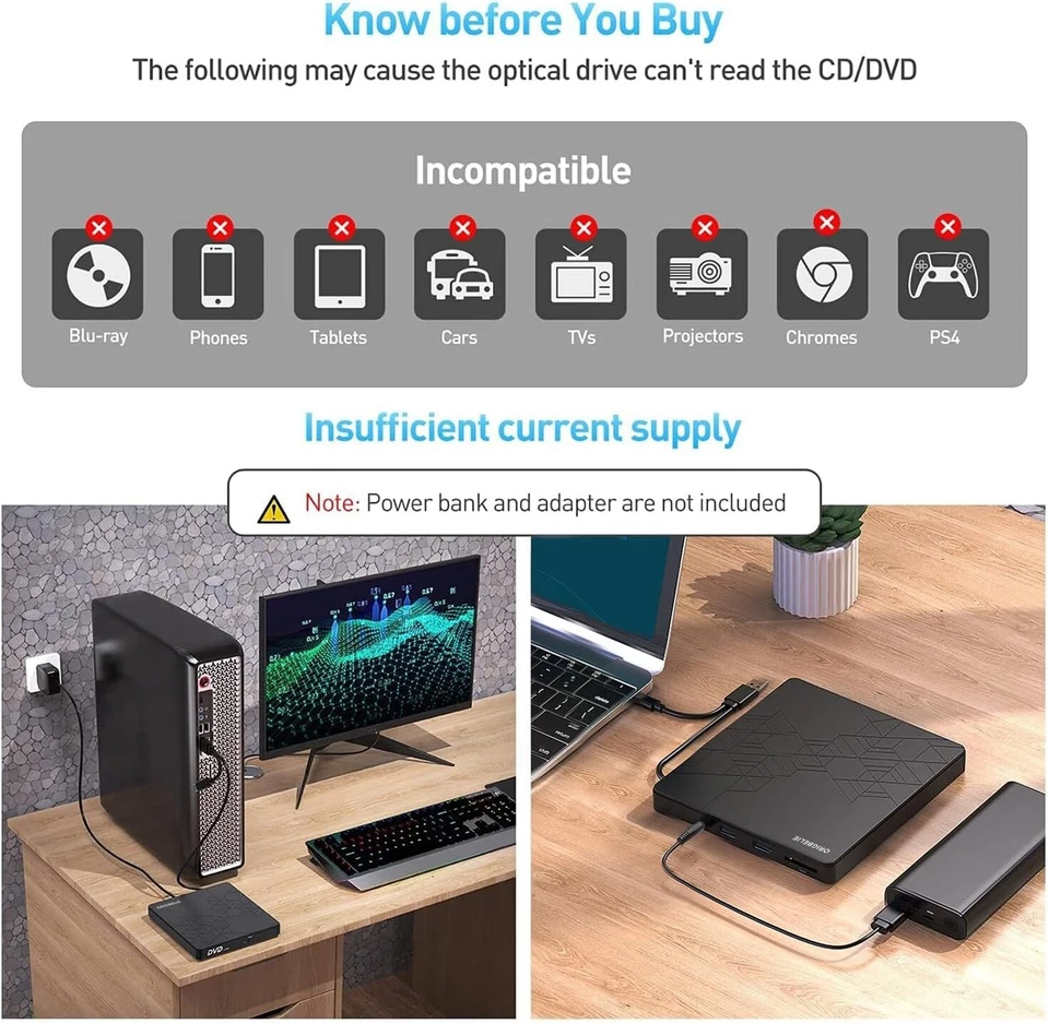 Lettore CD Esterno per PC Portatile, Sottile USB 3.0 Type-C CD/DVD +/-RW Masteri - Immagine 2 di 4