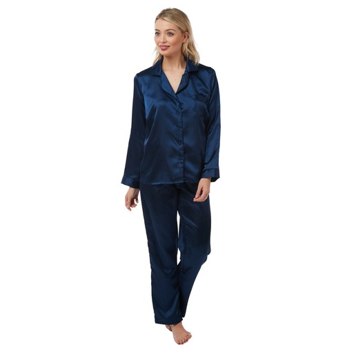 Ladies Sexy Navy Long Satin Chemise PJs Pyjamas Set Nightdress Slip PLUS SIZE - Picture 11 of 12