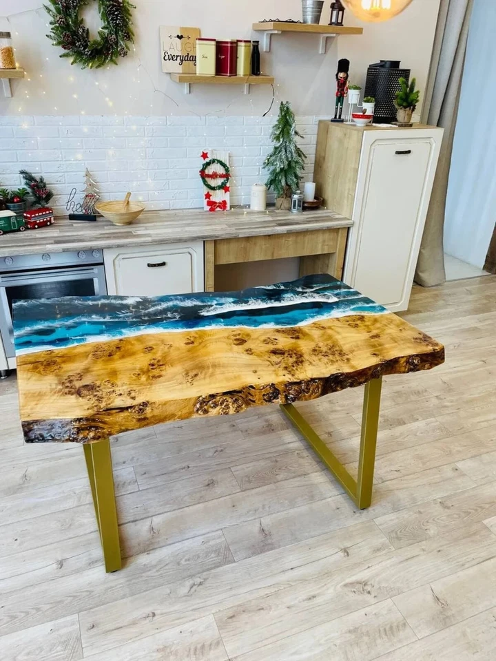 Live Edge Epoxy Resin Ocean Dining Table | Custom Natural Wood Kitchen Table Top - Image 3 of 4