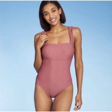 Kona Sol Square Neck Ruffle One Piece Swim Bathing Suit Mauve Medium 8-10 NWT