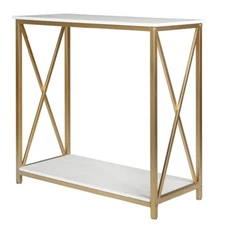 2-Tier Console Table, Gold Sofa Entry Table with White Top and Gold Metal Frame