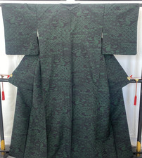 Japanese Vintage Kimono Silk Black Tumugi Traditional Authentic Length 62 in