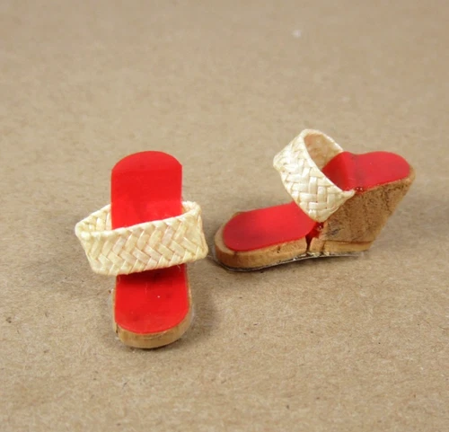 Barbie red Cork Wedge Shoes w/ woven strap #967 Picnic Set vtg Mattel 60s