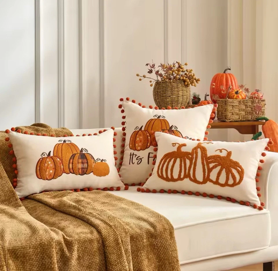 Fall Pumpkin Maple Leaves Cushion Cover Thanksgiving Pillow Cases Home Decor US - Image 2 of 4