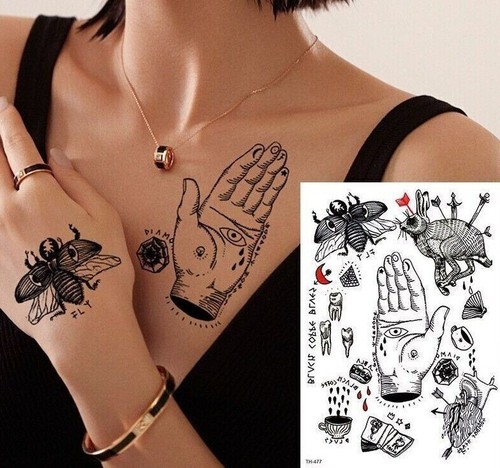 Hand Fly Heart Hare Eye Waterproof Temporary Transfer Tattoo Womens Mens Gothic - Picture 2 of 7