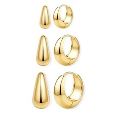 3Pairs 14K Gold Plated Hoop Earrings Set for Women Chunky 14k gold plated