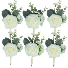 Ivory Boutonniere For Men Set Of 6 Groom Groomsmen Wedding Prom White Flower