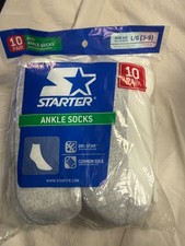 Starter Boys Ankle Socks Size L 3-9 White Gray Cushion Sole Dri-Star 10 Pair New