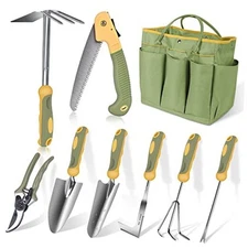 Garden Tool Set,  9 Piece Stainless Steel Heavy Duty Gardening Hand Tools Green