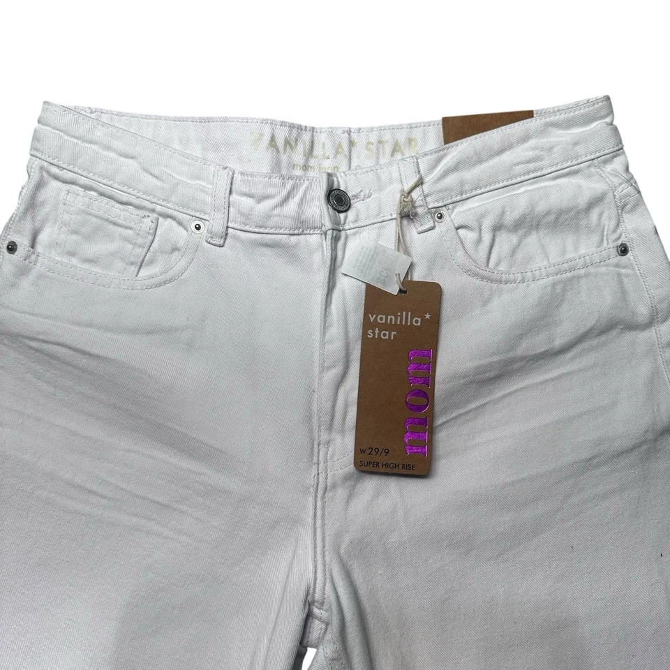 Pantalones de mezclilla Vanilla Star Mom para mujer 9 blancos desgastados tiro súper alto cónicos nuevos con etiquetas Foto 3 de 4