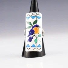 NATIVE AMERICAN ZUNI SILVER & INLAY EASTERN BLUE BIRD RING BY QUINTIN QUAM