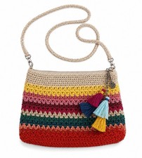 The Sak Multicolor Striped Crochet Crossbody Bag Tassel Charm Zip Lined Pockets