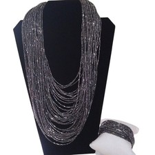 Multi Strand Gunmetal Metallic Seed Bead Necklace and Cuff Bracelet Jewelry Set