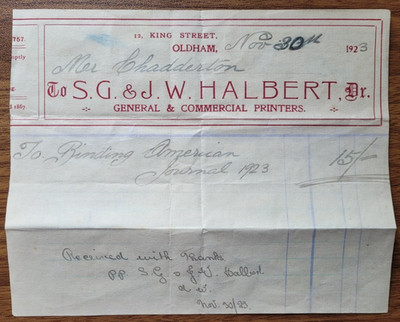 1923 S.G. & J.W. Halbert King St, Oldham Druckbeleg beschnitten linker Rand