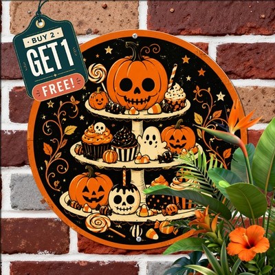 Pumpkin Skull Halloween Spring Festival Round Tin Sign Holiday Wall Art
