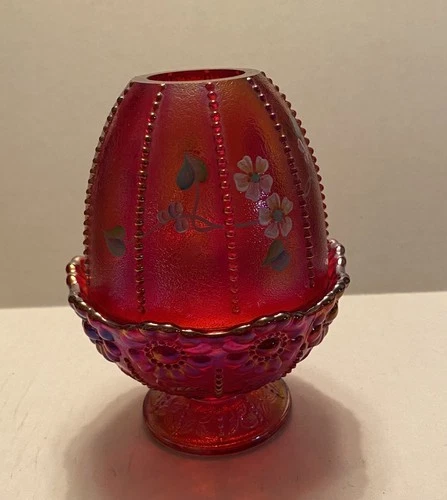 Fenton Hand Painted Glass Fairy Lamp  Floral Red