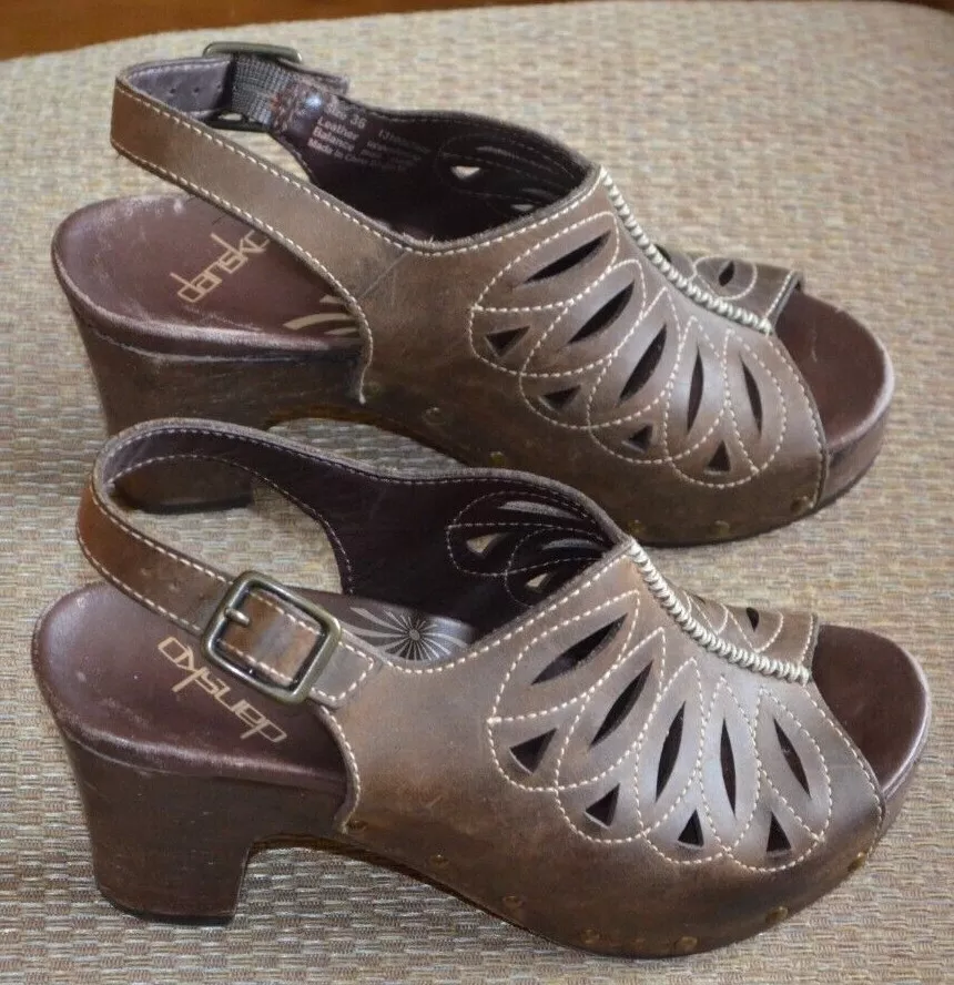 Dansko Rowena Heeled Platform Sandals Slingback Brown Cut Out