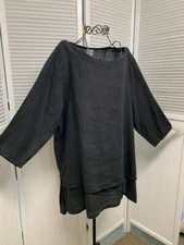 HLT417 Black 1X NWT Match Point Linen Shirt Pull Over Top Round Neck Layer Plus