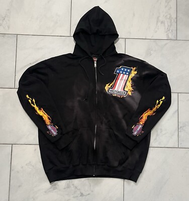 Harley Davidson Jacket Hoodie Large Black Red Mens Zip Up Fire Smoke Fade Lined