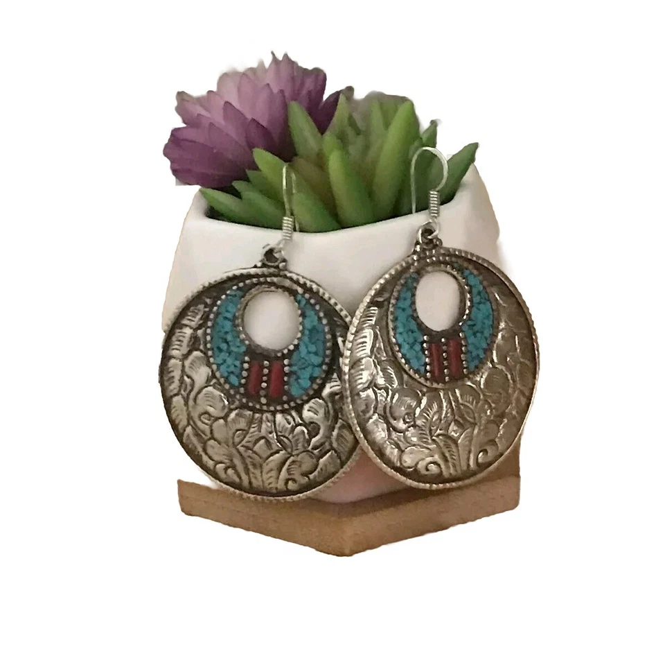 Pendiente tibetano coral turquesa vintage  Foto 2 de 3