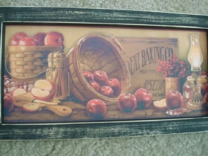 Prim Country Print *2 OLD BASKETS WITH APPLES* 6" x 12" handmade black frame - Image 3 of 3