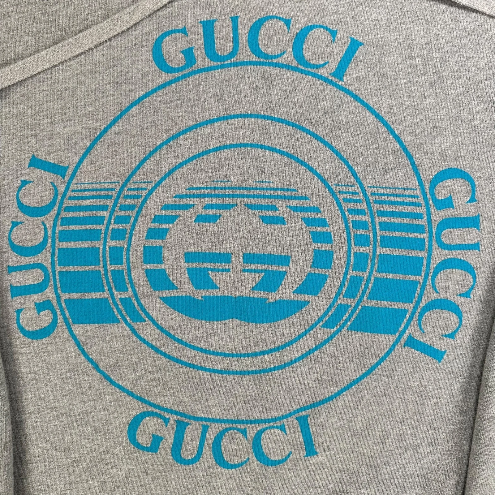 Felpa Gucci taglia S grigia disco logo blu stampa grafica coulisse cappuccio