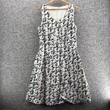 Talbots Floral Linen Midi Dress Black Beige Womens Sz 10 Lined Back Zip Pockets