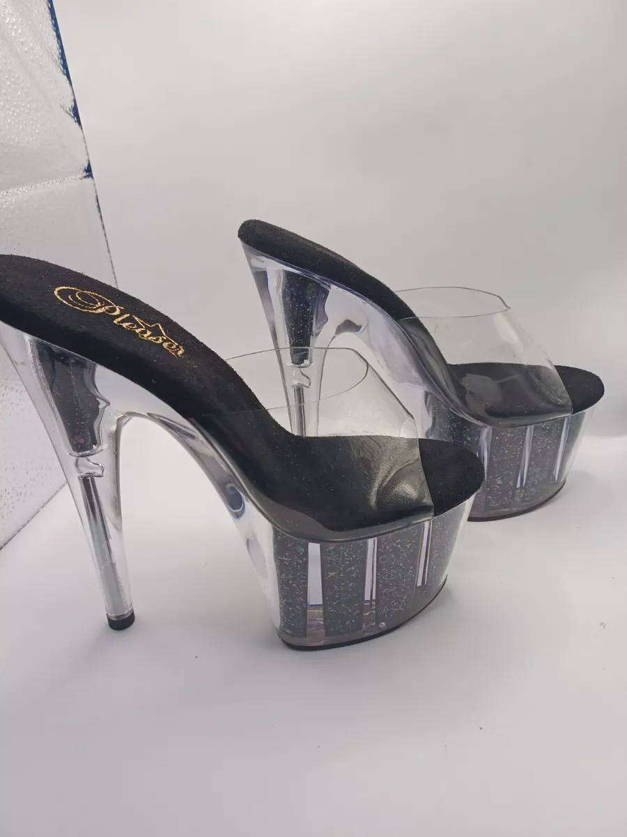 Pleaser Size 7 Adore-701CG heels clear& black with glitter 7 inch heel |  eBay