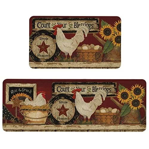 Farmhouse Kitchen Rugs and Mats Set of 2, Farm Rooster Kitchen Mat, Seasonal - Afbeelding 2 van 7