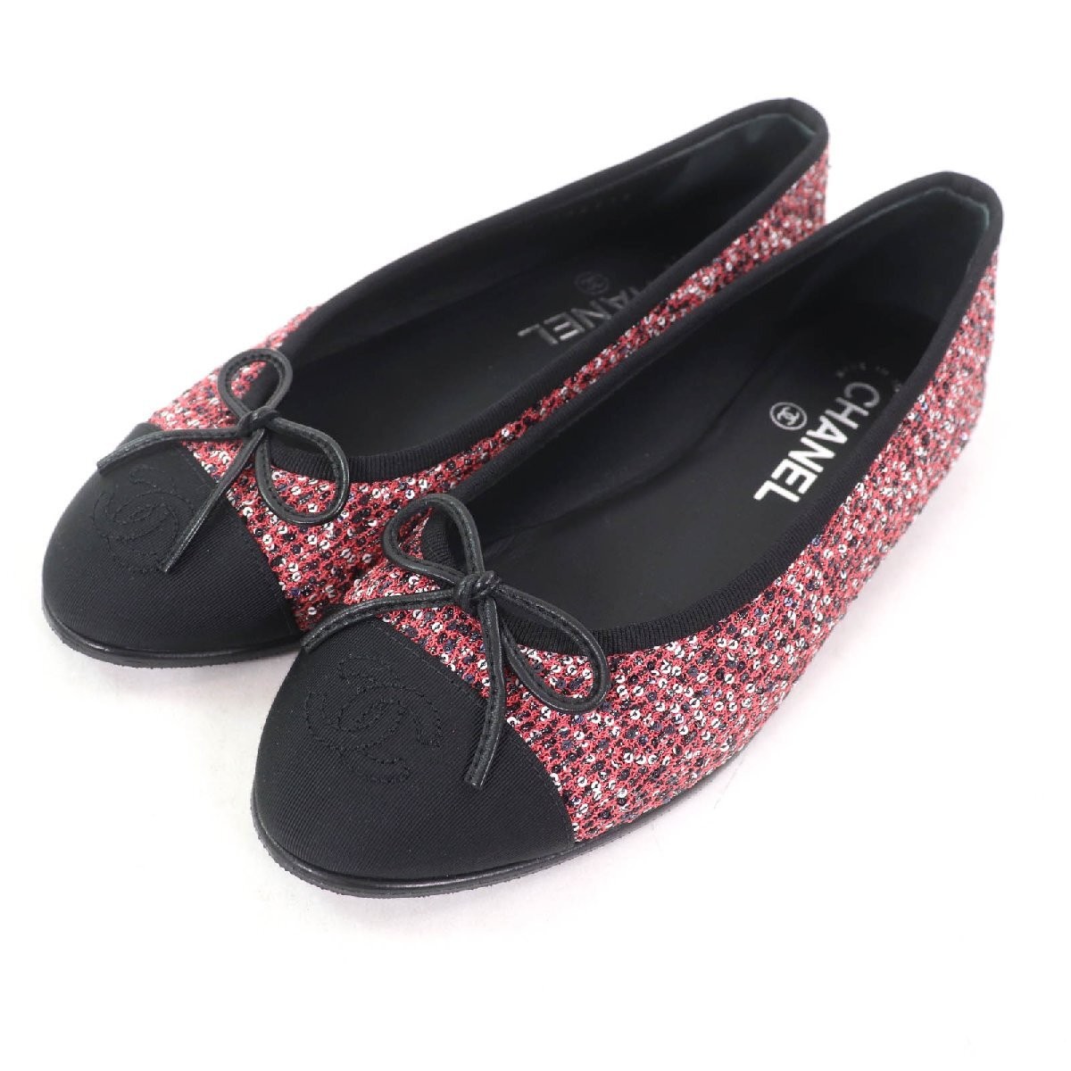 CHANEL Sequin Flats, Size 36.5, US 6.5, Pink, Women's
