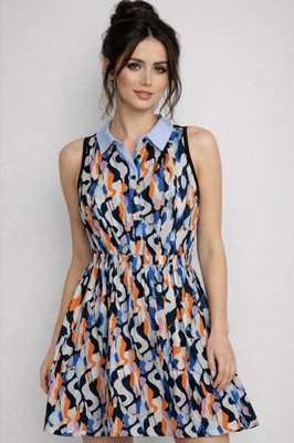 $678 Carven Printed Shirt Dress Womens 38 XS Blue Orange Sleeveless Fit & Flare
