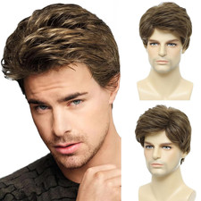 Mens Brown Wig Short Layered Natural Cosplay Party Costume Hair Full Syntheti...