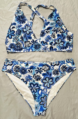 EUC Shein Women's Plus Size 18 Floral Bikini Blue White Halter 2 Piece Swimsuit