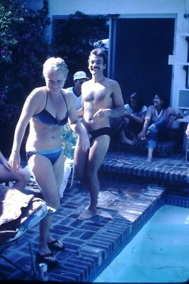 1980 pool party candid woman in bikini Original 35mm SLIDE Hu13