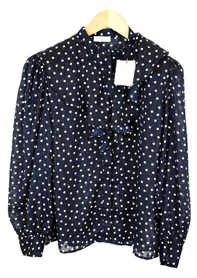 SANDRO  Blouse Womens LARGE Sheer Button Up Ruffle Patterned Polka Dots