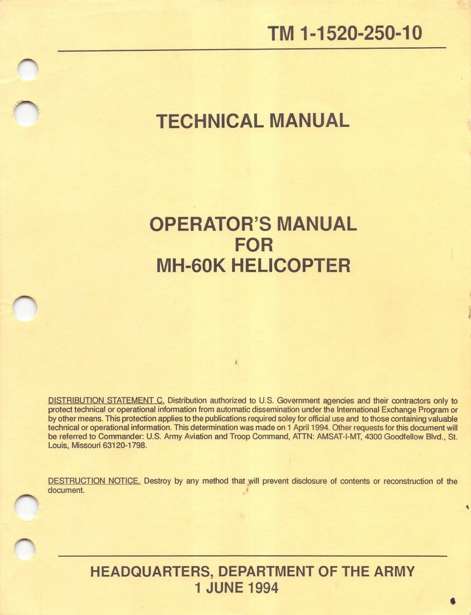 MH-60K Helicopter Operator's Manual 1994 Pilot's Handbook Flight