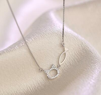 Silver Cat & Fish Pave Cubic Zirconia Double Pendant Chain Necklace
