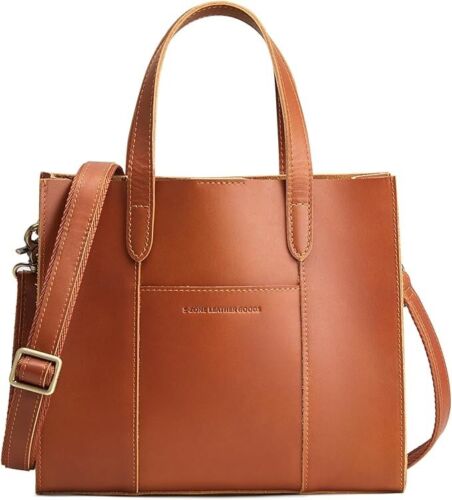 S-ZONE Leather Crossbody Tote Bags for Women Satchel Bag Top Handle Cognac