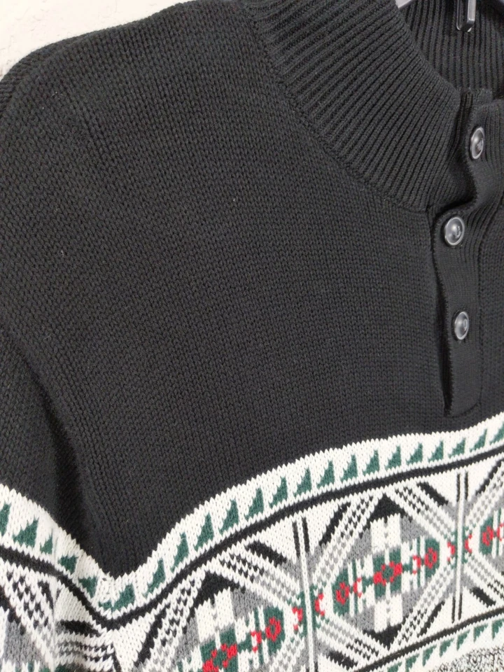 Chaps Fair Isle Stripe Button Mock Neck Henley Sweater Black Size XL NWT - Image 2 of 4
