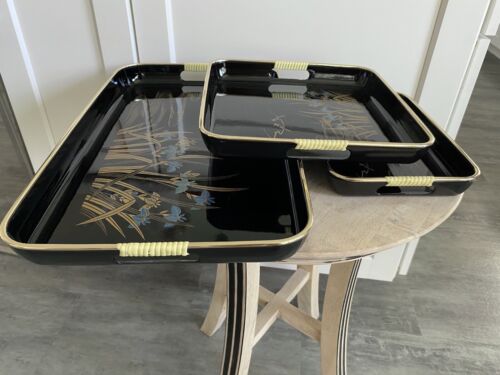 Set Vassoio Servizio Nidificazione Vintage Lacca Toyo Giappone Orientale Iris Nero Oro - Foto 7 di 12