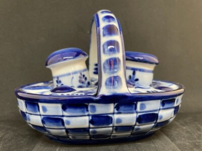 Gzhel Solt and Pepper Shakers in Basket 