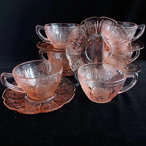 (6) Jeanette Glass "CHERRY BLOSSOM" Cups & Saucer Sets, EUC!